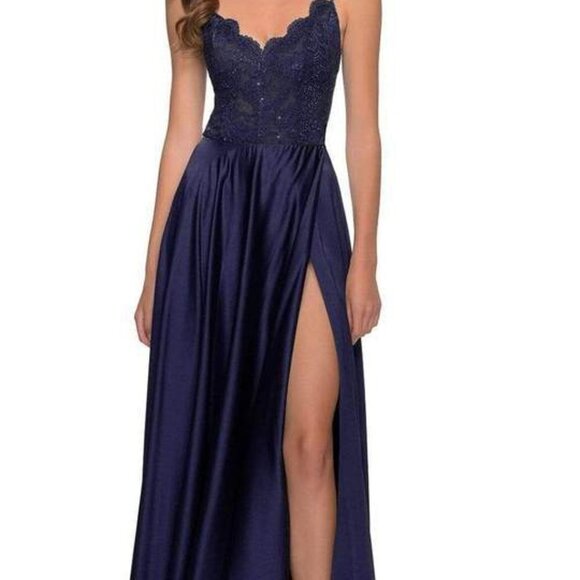 NWT La Femme 29760SC SatinProm Dress Navy 6